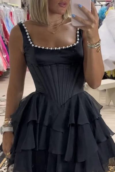 Black Corset Short Ruffled Homecoming Dress with Pearls