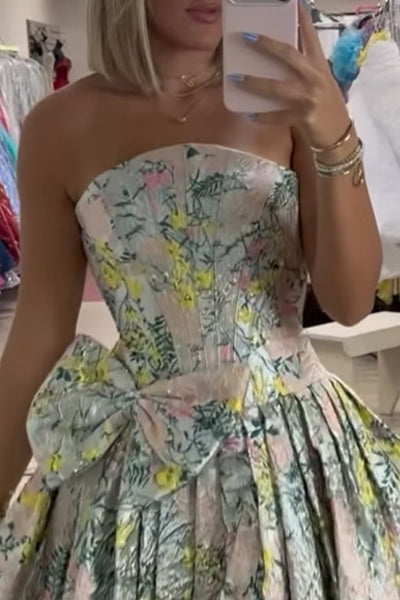 Light Green Jacquard Satin Corset Strapless Short Homecoming Dress with Bow