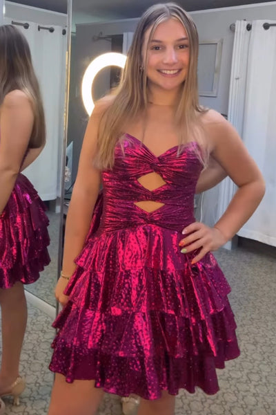 Fuchsia Sparkly Beaded Strapless Ruffled Cut Out Short Homecoming Dress