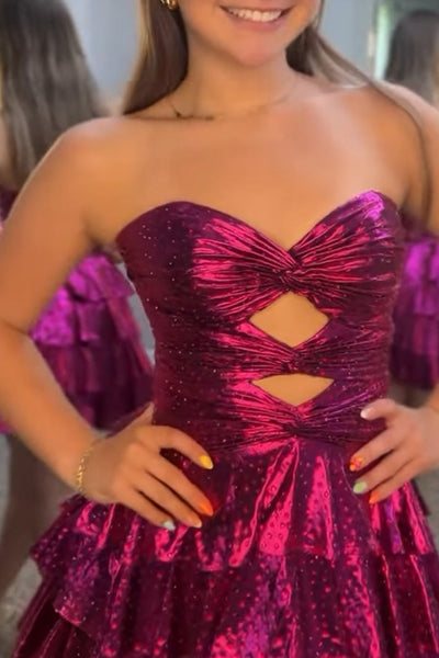 Fuchsia Sparkly Beaded Strapless Ruffled Cut Out Short Homecoming Dress