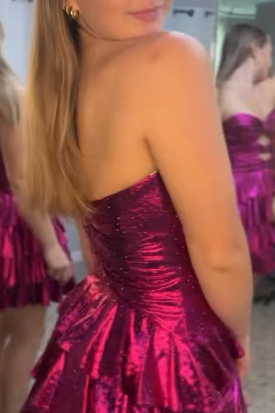 Fuchsia Sparkly Beaded Strapless Ruffled Cut Out Short Homecoming Dress