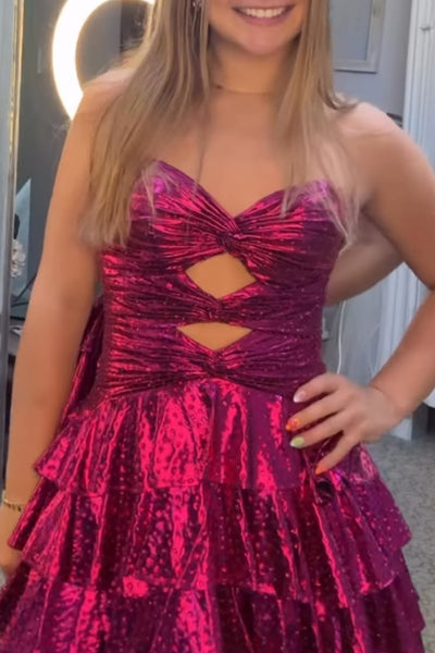 Fuchsia Sparkly Beaded Strapless Ruffled Cut Out Short Homecoming Dress