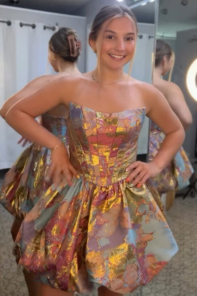 Green and Gold Jacquard Satin Strapless Corset Short Bubble A-Line Homecoming Dress