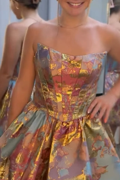 Green and Gold Jacquard Satin Strapless Corset Short Bubble A-Line Homecoming Dress