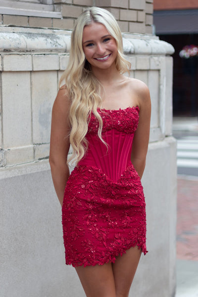 Dark Red Corset Strapless Sparkly Sequins Short Homecoming Dress