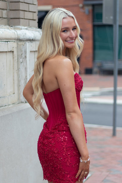 Dark Red Corset Strapless Sparkly Sequins Short Homecoming Dress