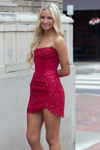 Dark Red Corset Strapless Sparkly Sequins Short Homecoming Dress