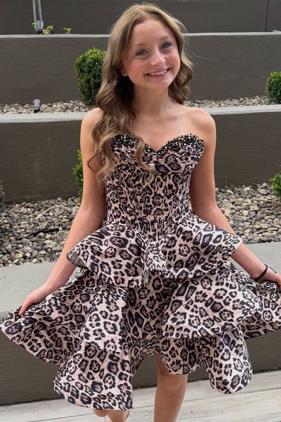 Brown Leopard Sparkly Corset Ruffled Strapless Beaded Short Homecoming Dress