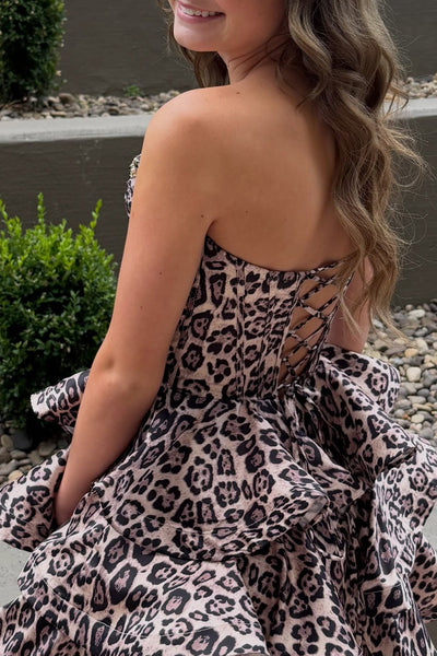 Brown Leopard Strapless Tiered Print Corset Short Homecoming Dress with Beading