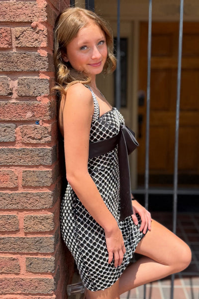 Black Perals Halter Neck Bodycon Short Homecoming Dress with Bow