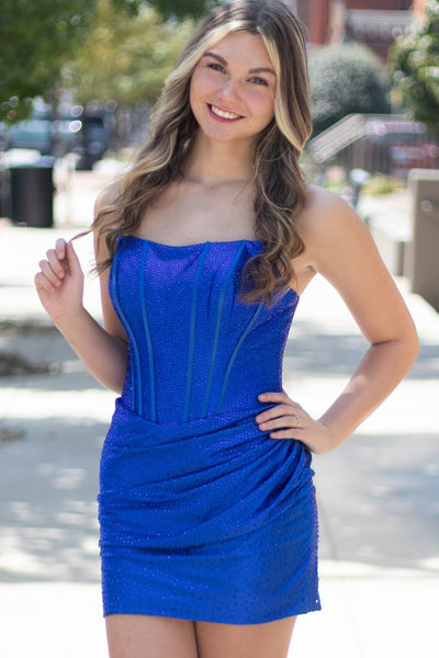 Royal Blue Corset Strapless Ruched Bodycon Short Homecoming Dress