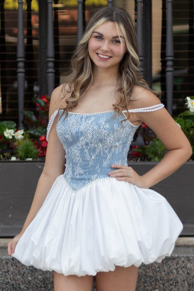 White and Blue Corset A Line Short Homecoming Dress with Pearls