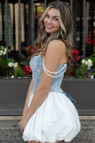 White and Blue Corset A Line Short Homecoming Dress with Pearls