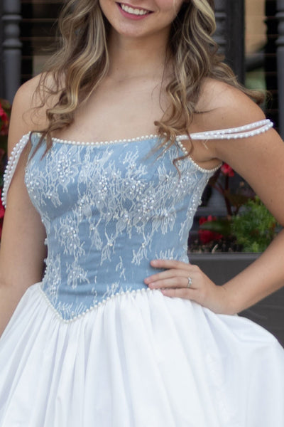 White and Blue Corset A Line Short Homecoming Dress with Pearls