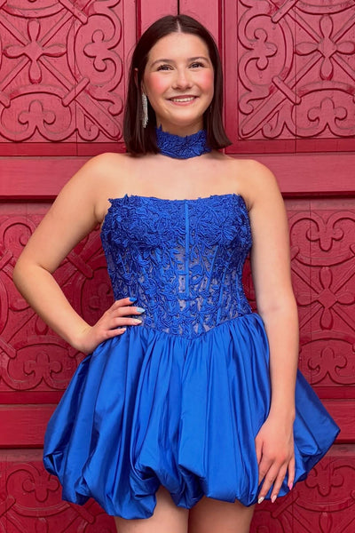 Royal Blue Sparkly Corset Strapless Short Bubble Homecoming Dress with Beadings