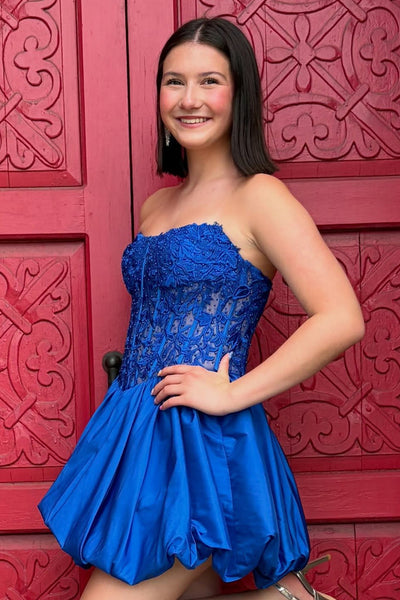 Royal Blue Sparkly Corset Strapless Short Bubble Homecoming Dress with Beadings