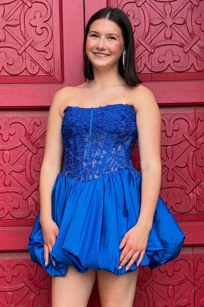Royal Blue Sparkly Corset Strapless Short Bubble Homecoming Dress with Beadings