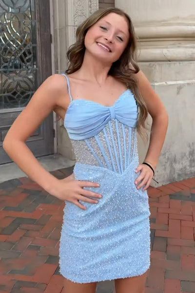 Sparkly Light Blue Corset Beaded Tight Short Homecoming Dress