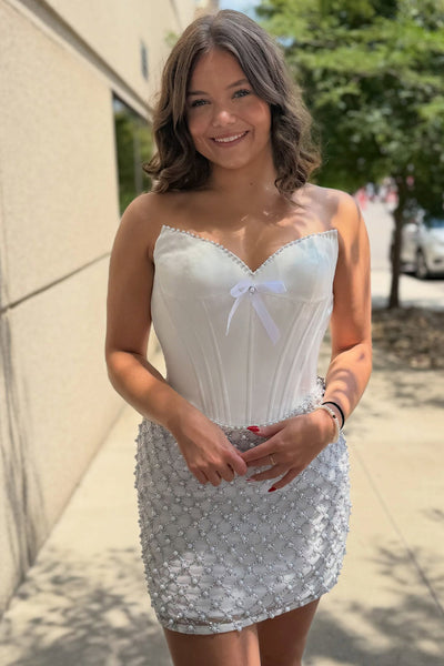 White Corset Strapless Bodycon Short Homecoming Dress with Pearls