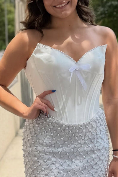White Corset Strapless Bodycon Short Homecoming Dress with Pearls