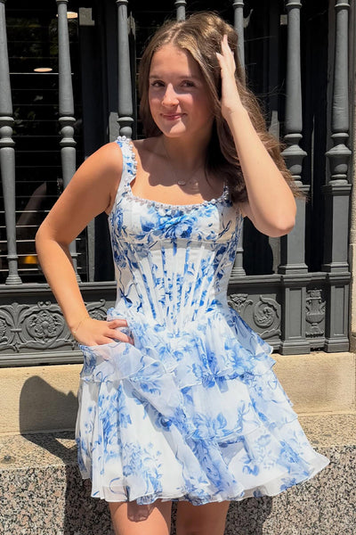 Corset Tiered Blue Flower Square Neck Short Homecoming Dress with Pearls