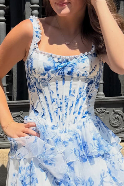 Corset Tiered Blue Flower Square Neck Short Homecoming Dress with Pearls