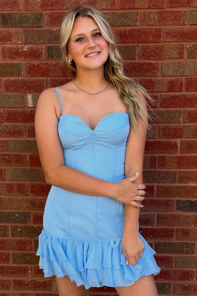 Light Blue Ruffled Corset Bodycon Short Homecoming Dress
