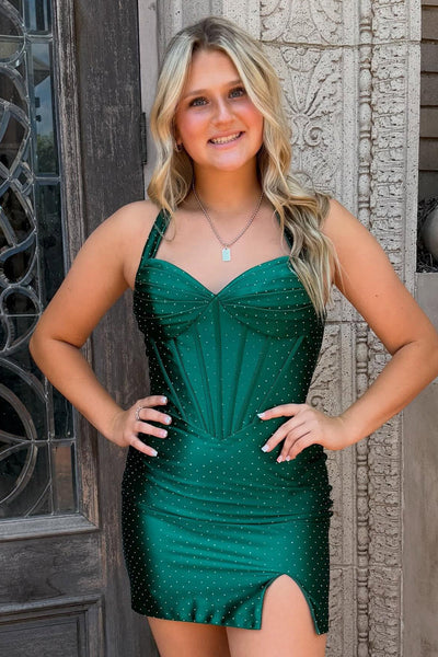 Sparkly Dark Green Corset Halter Beaded Short Homecoming Dress