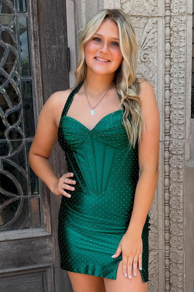 Sparkly Dark Green Corset Halter Beaded Short Homecoming Dress