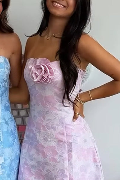 Pink A-Line Short Strapless Homecoming Dress with 3D Flower