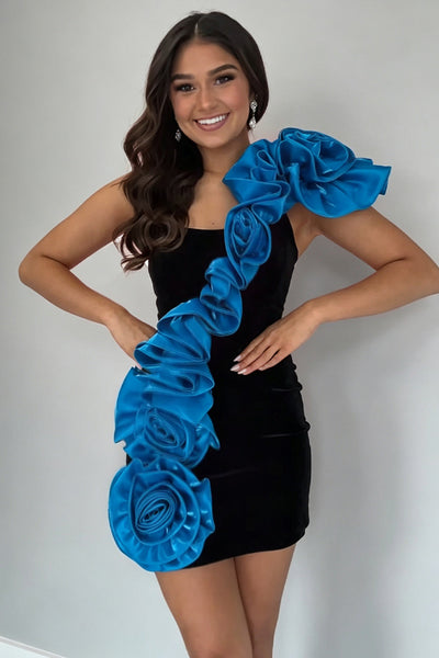 Black Blue Floral Ruffled One Shoulder Tight Short Homecoming Dress