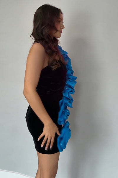Black Blue Floral Ruffled One Shoulder Tight Short Homecoming Dress