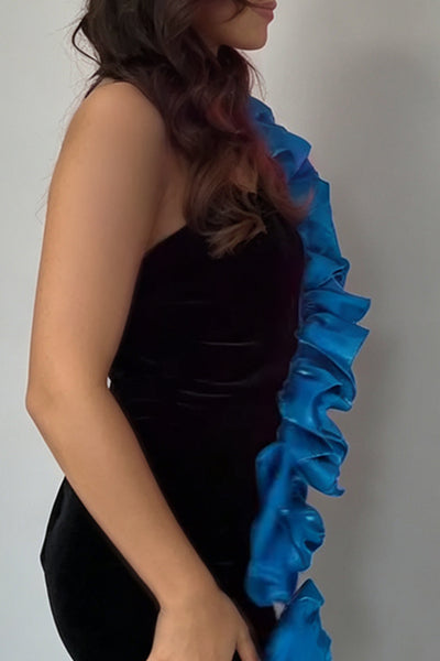 Black Blue Floral Ruffled One Shoulder Tight Short Homecoming Dress