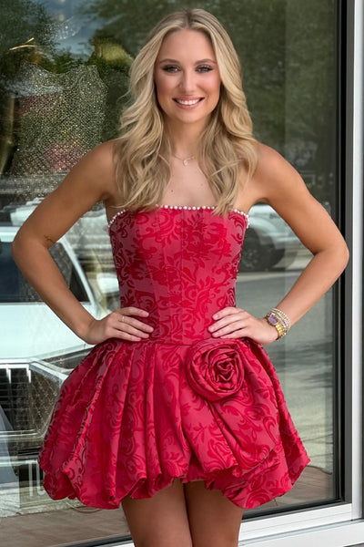 Red Corset Strapless Short Homecoming Dress with 3D Flower