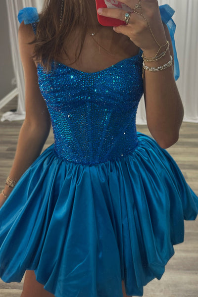 Blue Corset Sparkly Beaded A Line Short Homecoming Dress