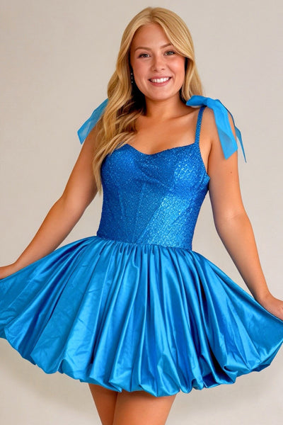 Blue Corset Sparkly Beaded A Line Short Homecoming Dress