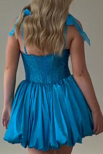 Blue Corset Sparkly Beaded A Line Short Homecoming Dress
