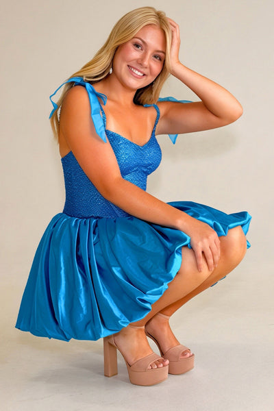 Blue Corset Sparkly Beaded A Line Short Homecoming Dress