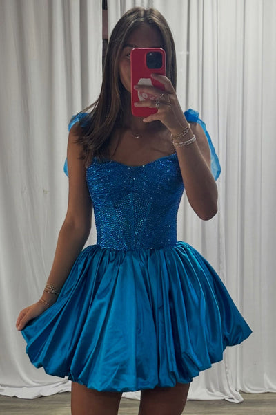 Blue Corset Sparkly Beaded A Line Short Homecoming Dress