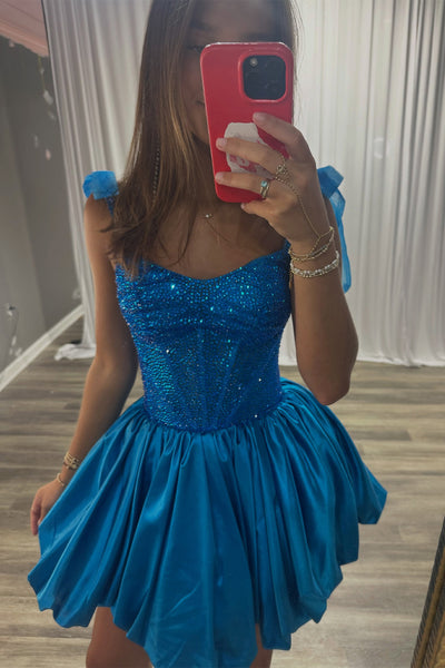 Blue Corset Sparkly Beaded A Line Short Homecoming Dress