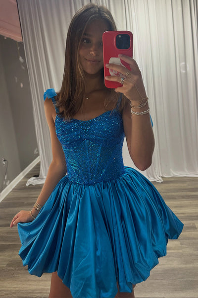 Blue Corset Sparkly Beaded A Line Short Homecoming Dress