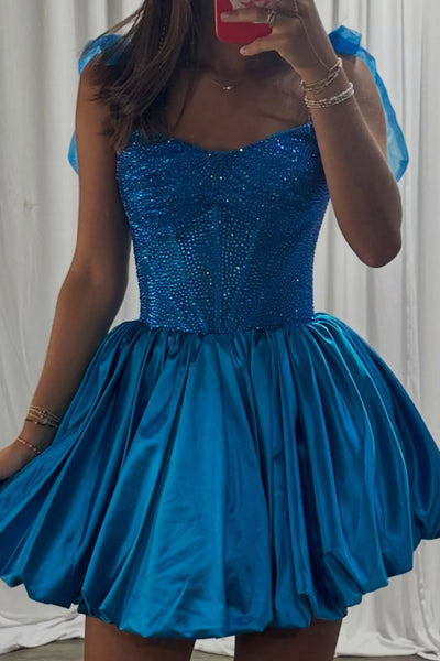 Blue Corset Sparkly Beaded A Line Short Homecoming Dress