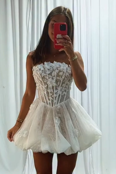White Corset Strapless Floral Short Homecoming Dress