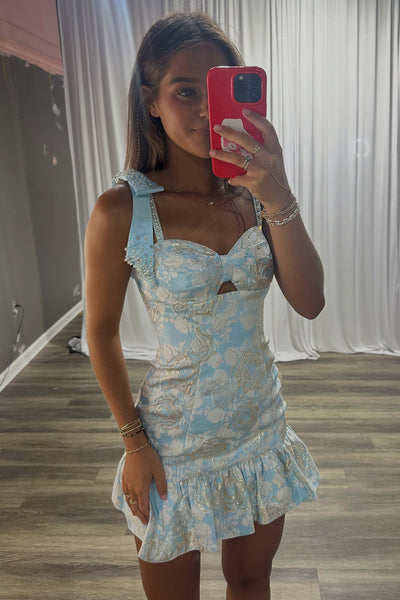 Light Blue Bodycon Jacquard Short Homecoming Dress with Bows