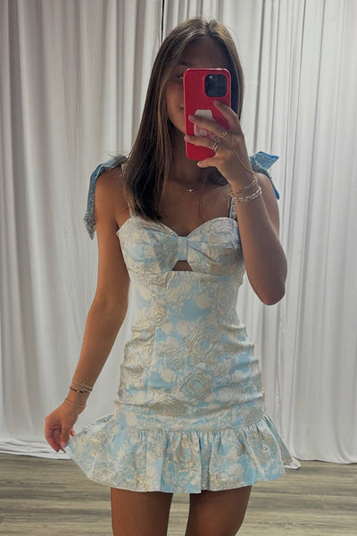 Light Blue Bodycon Jacquard Short Homecoming Dress with Bows