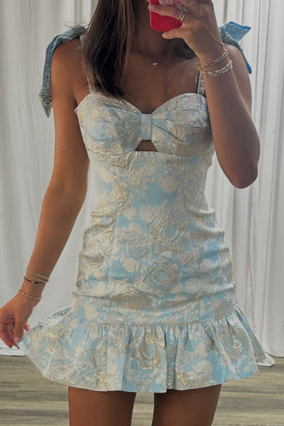 Light Blue Bodycon Jacquard Short Homecoming Dress with Bows