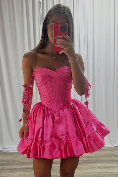 Hot Pink Corset Strapless Ruffled Short Homecoming Dress with Flowers
