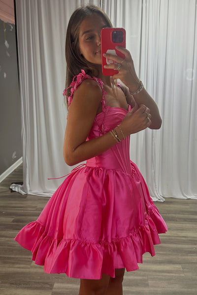 Hot Pink Corset Strapless Ruffled Short Homecoming Dress with Flowers