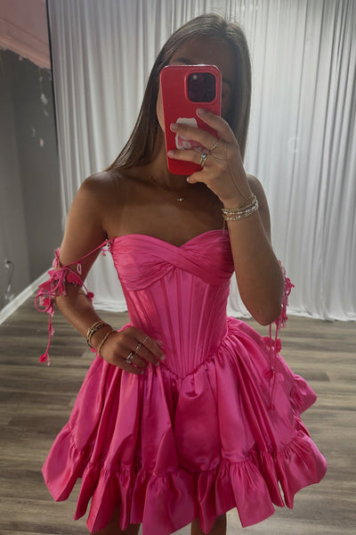 Hot Pink Corset Strapless Ruffled Short Homecoming Dress with Flowers