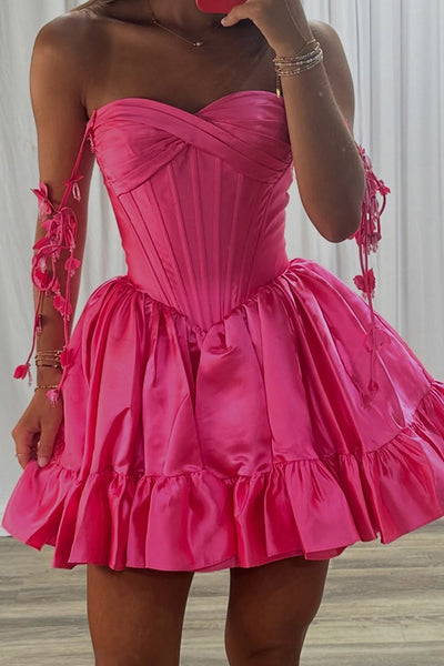 Hot Pink Corset Strapless Ruffled Short Homecoming Dress with Flowers